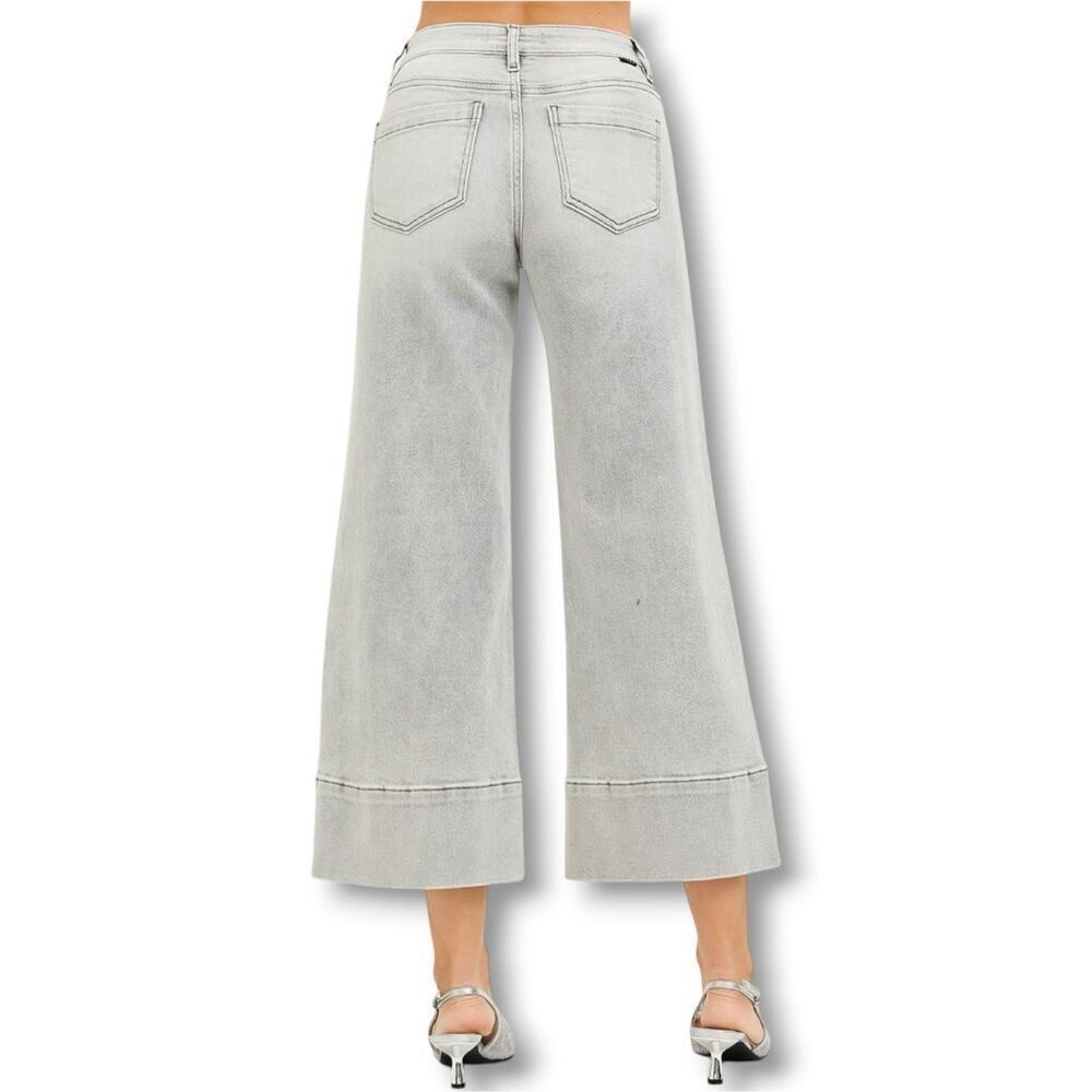 Risen Light Gray Pintuck Front Wide Leg Crop Jeans Mid Rise Tummy Control NWT - Picture 7 of 9